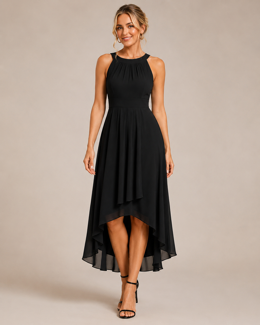 Elena | Sleeveless Halter Neck High-Low Wedding Guest Dress