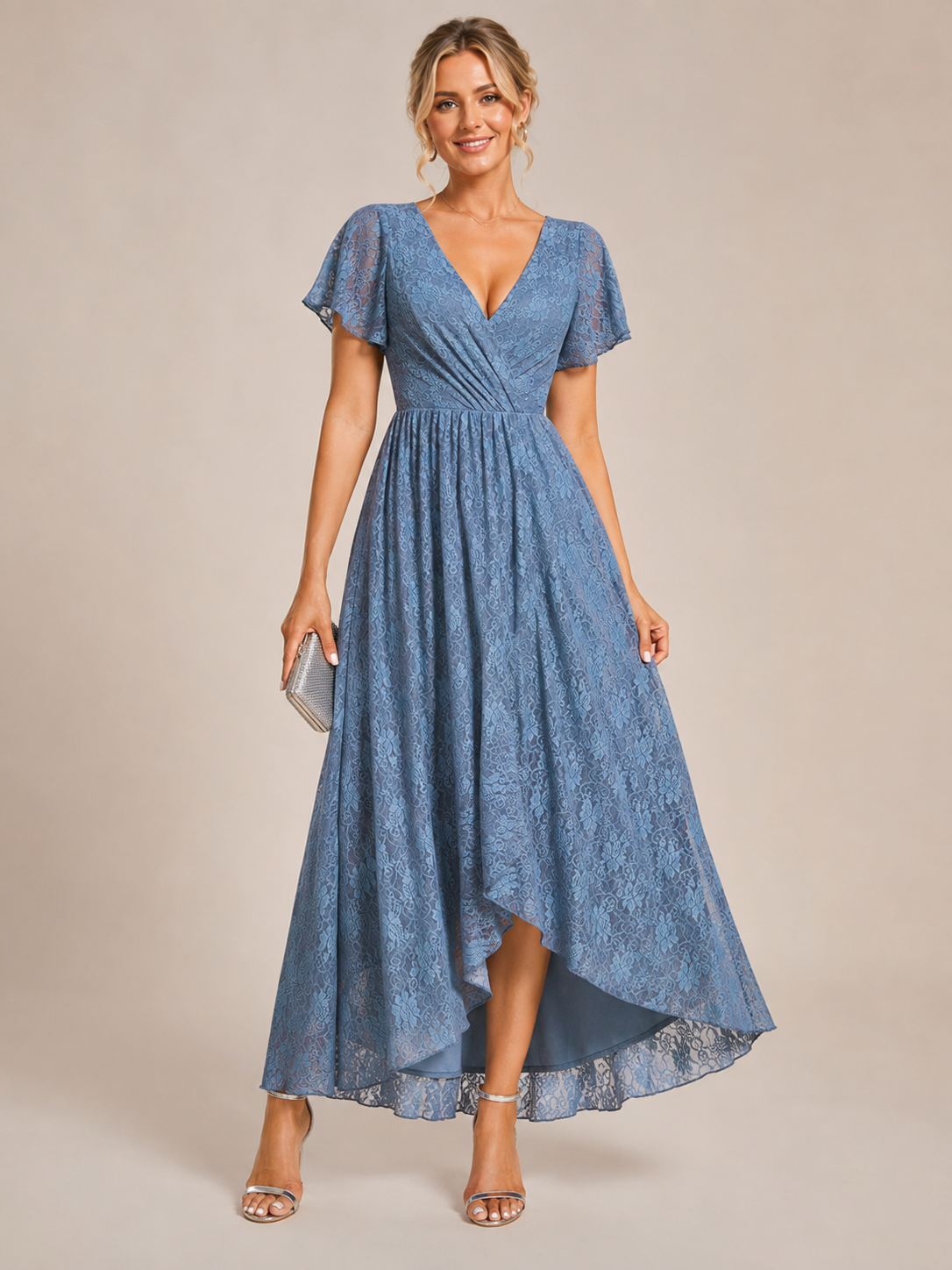 Isabella | Lace Flutter Sleeve High-Low Wedding Guest Dress