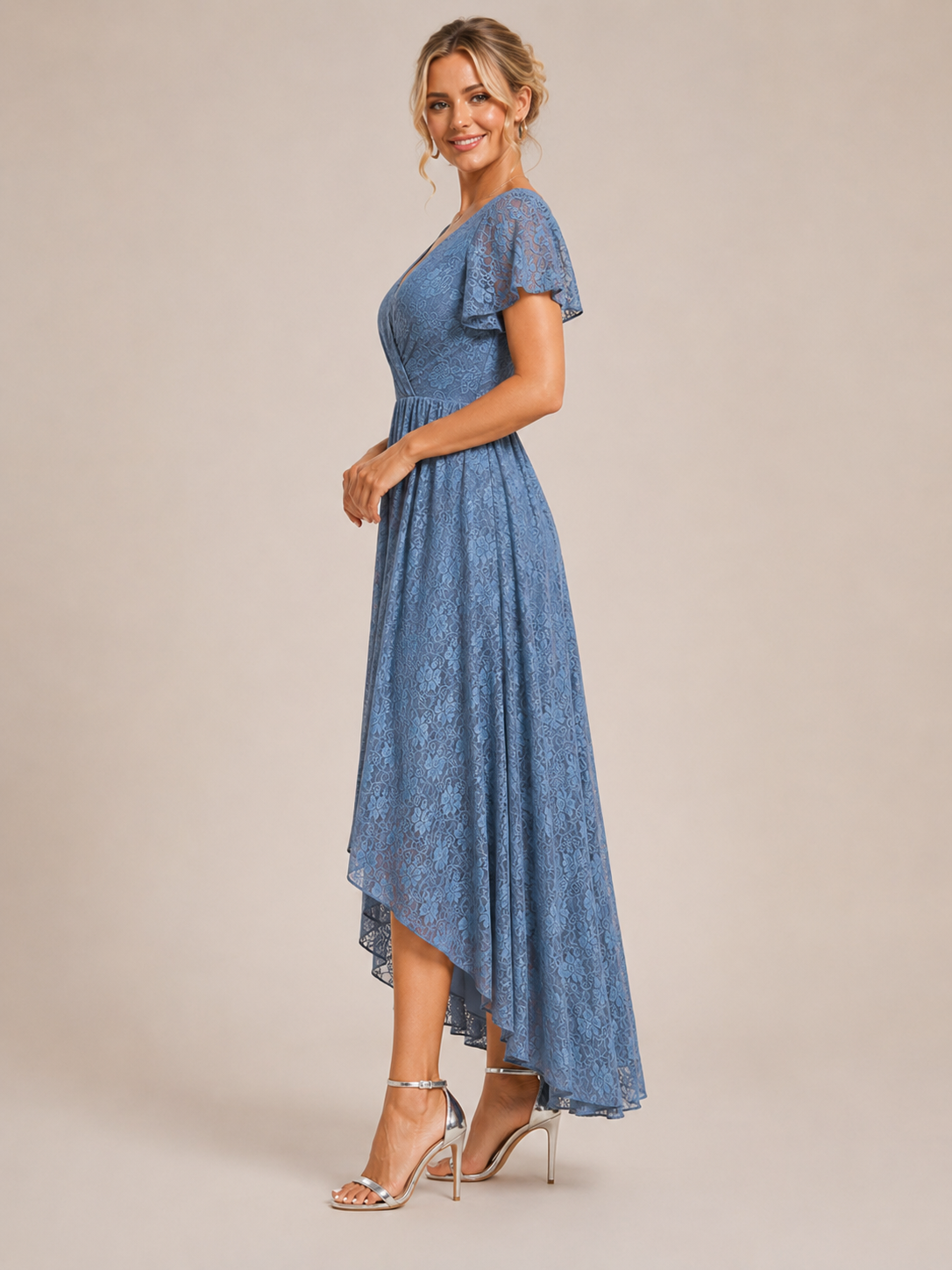 Isabella | Lace Flutter Sleeve High-Low Wedding Guest Dress