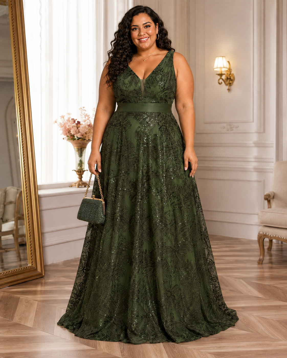Arabella | Plus Size Sequin V-Neck Maxi Wedding Guest Dress