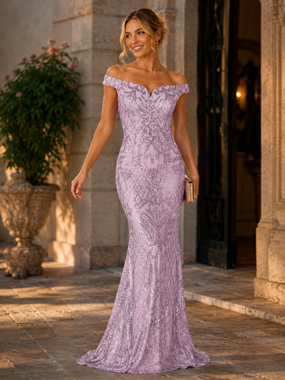 Luciana | Off-Shoulder Sequin Mermaid Wedding Guest Dress