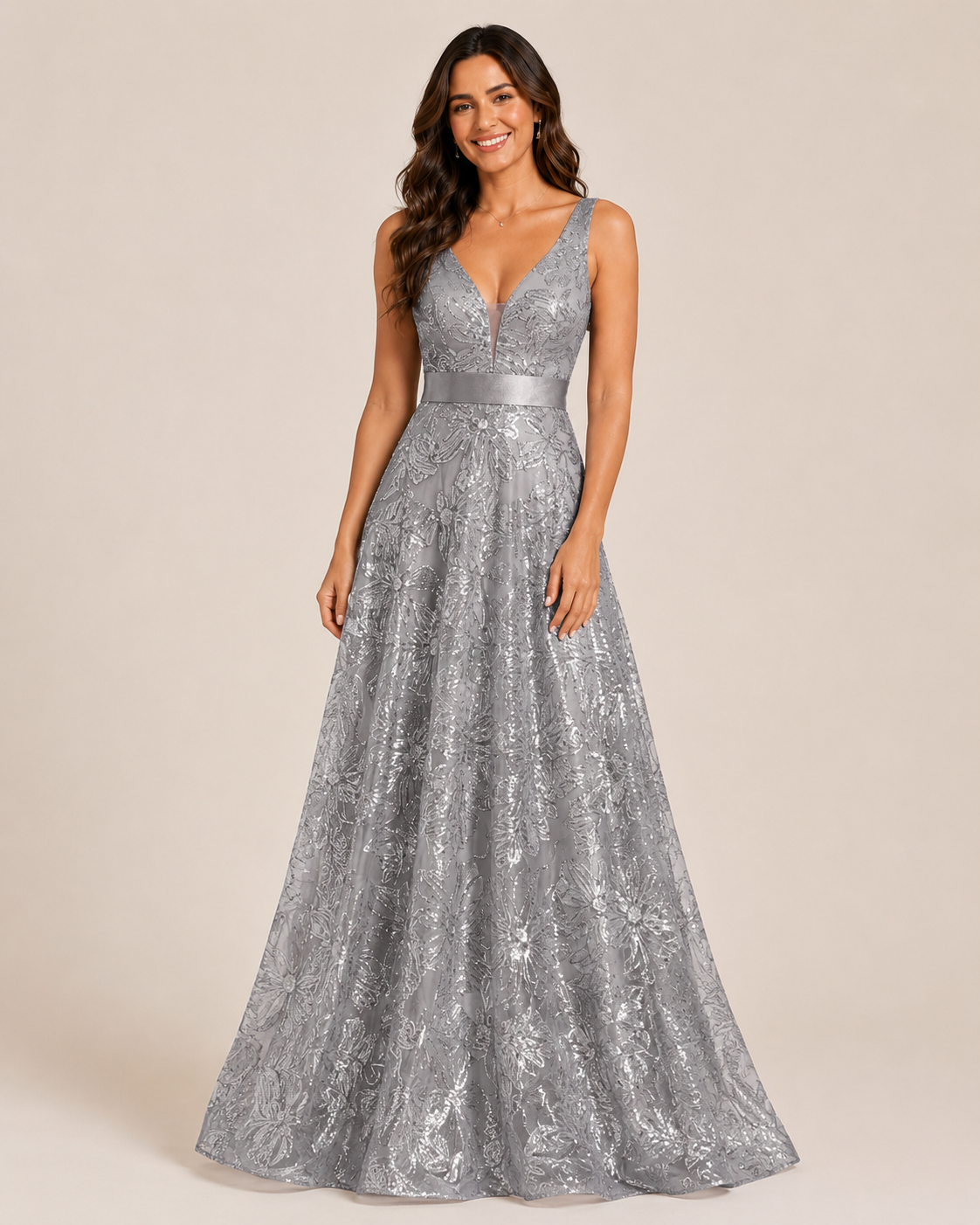 Serena | Floral Sequin V-Neck Maxi Wedding Guest Dress