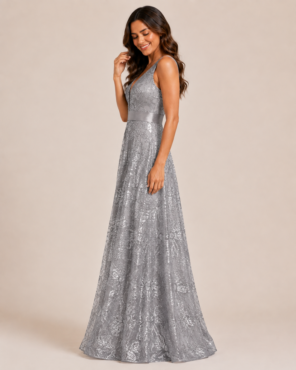 Serena | Floral Sequin V-Neck Maxi Wedding Guest Dress