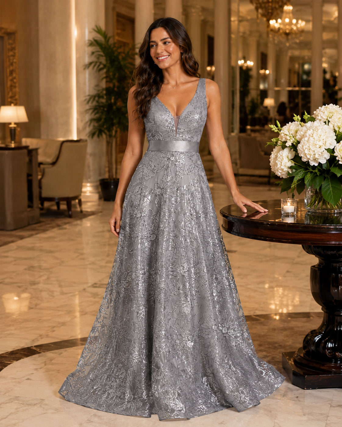 Serena | Floral Sequin V-Neck Maxi Wedding Guest Dress