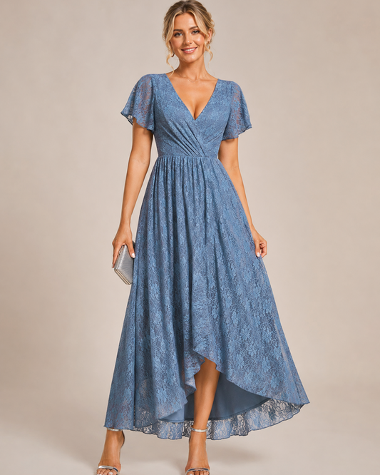 Isabella | Lace Flutter Sleeve High-Low Wedding Guest Dress